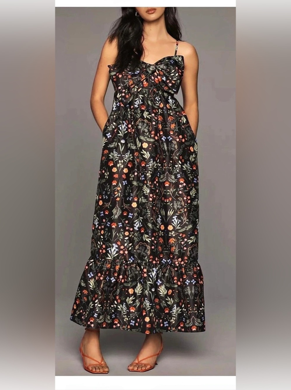 Anthropology Hutch Olani Bow Flounce Hem Maxi Dress Floral Maxi Dress in Black